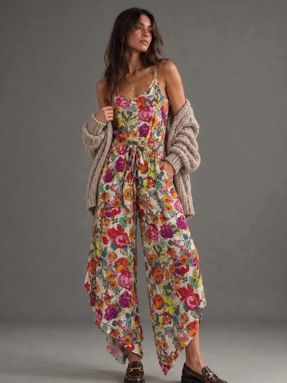 MSK Floral Wide Leg Tie-Waist Jumpsuit Multicolor Size L